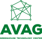 The image features a logo for the AVAG Greenhouse Technology Center. It includes stylized text that reads 'AVAG' in large green letters, followed by 'GREENHOUSE TECHNOLOGY CENTER' in smaller text. Above the text is a graphic of a geometric greenhouse structure suggesting a network.