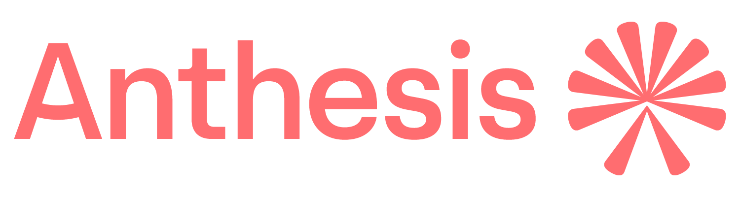The image displays the word 'Antthesis' in a bold, red font, with a stylized red flower-like graphic to the right of the text.