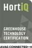 The image displays a badge with the text 'Hortiq Greenhouse Technology Certification'. The word 'Hortiq' is at the top, and 'GREENHOUSE TECHNOLOGY CERTIFICATION' is below. The background is green with a geometric design, and there is a circular logo at the bottom center that reads 'AVAG CONNECTED'.